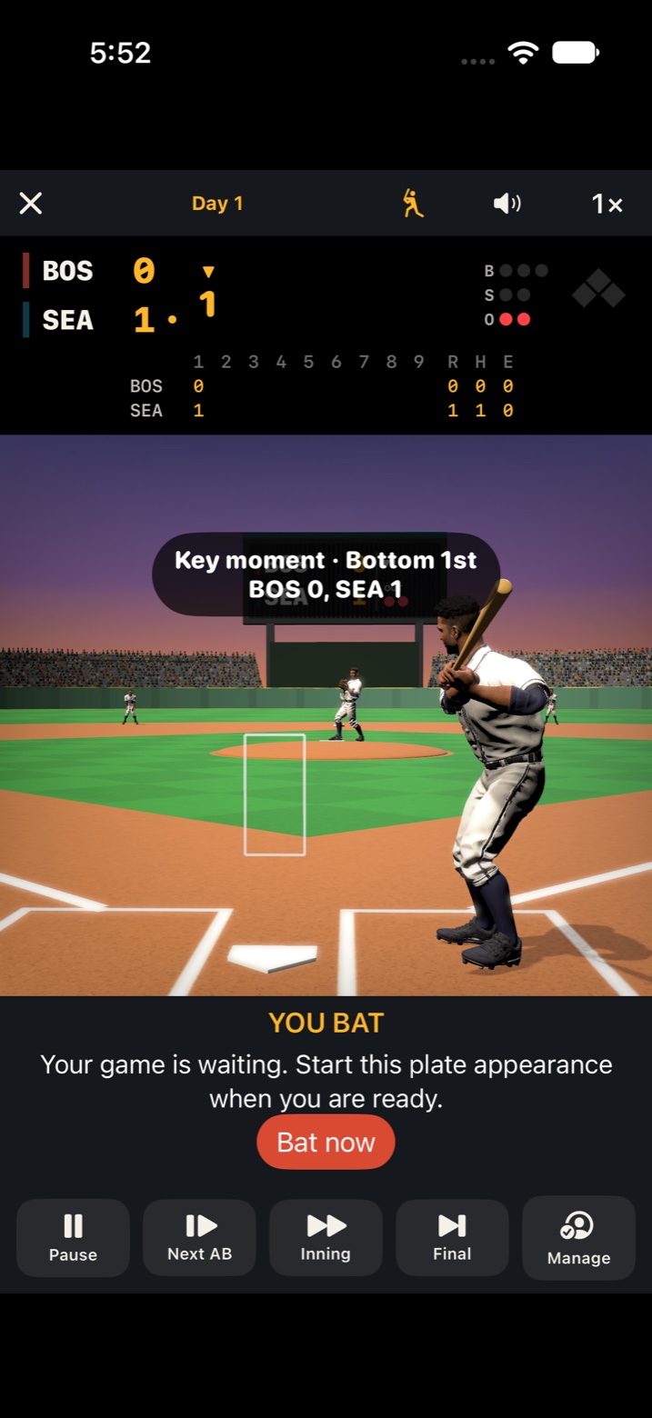 Development build: a detailed batter waits at the plate with a Bat now button.