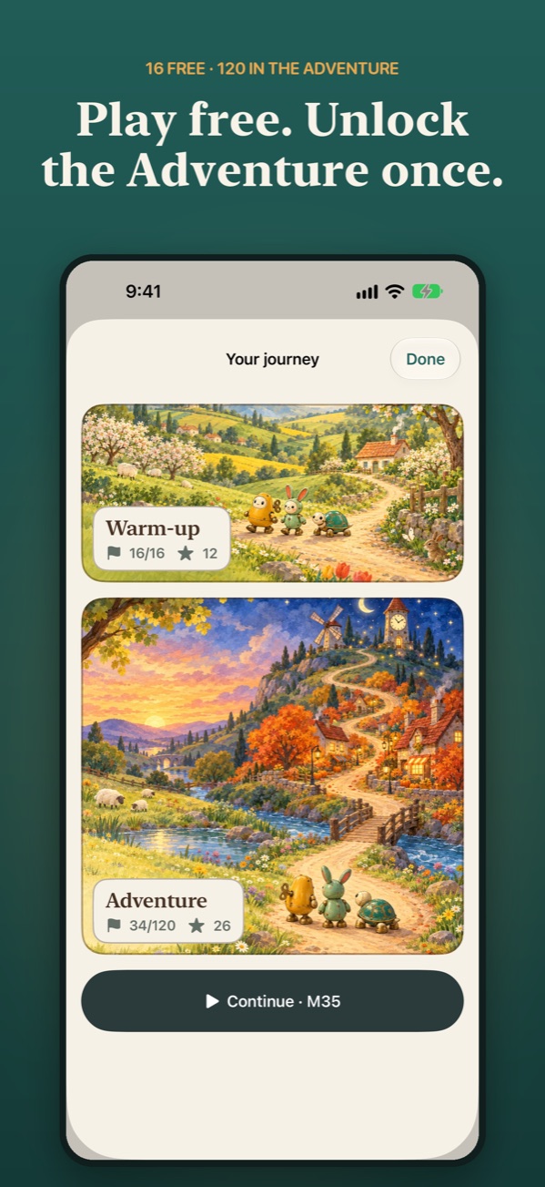 Your journey: the free Warm-up and the twelve-chapter Adventure